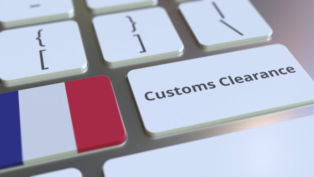 CUSTOMS CLEARANCE text and flag of France on the buttons on the computer keyboard. Import or export related conceptual 3D rendering